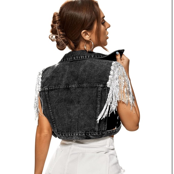 Women's Sequin Fringe Button Crop light black/dark grey Denim Sleeveless Vest - Picture 4 of 5